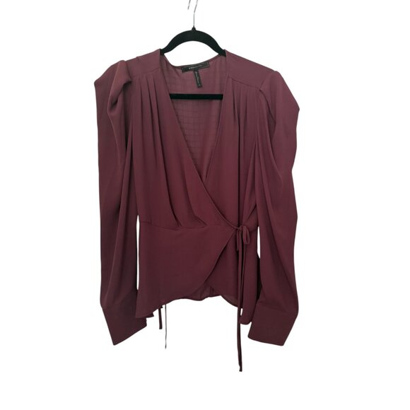 Burgundy BCBG MaxAzria Wrap Tie Long Sleeve Blouse-Small - Picture 2 of 5